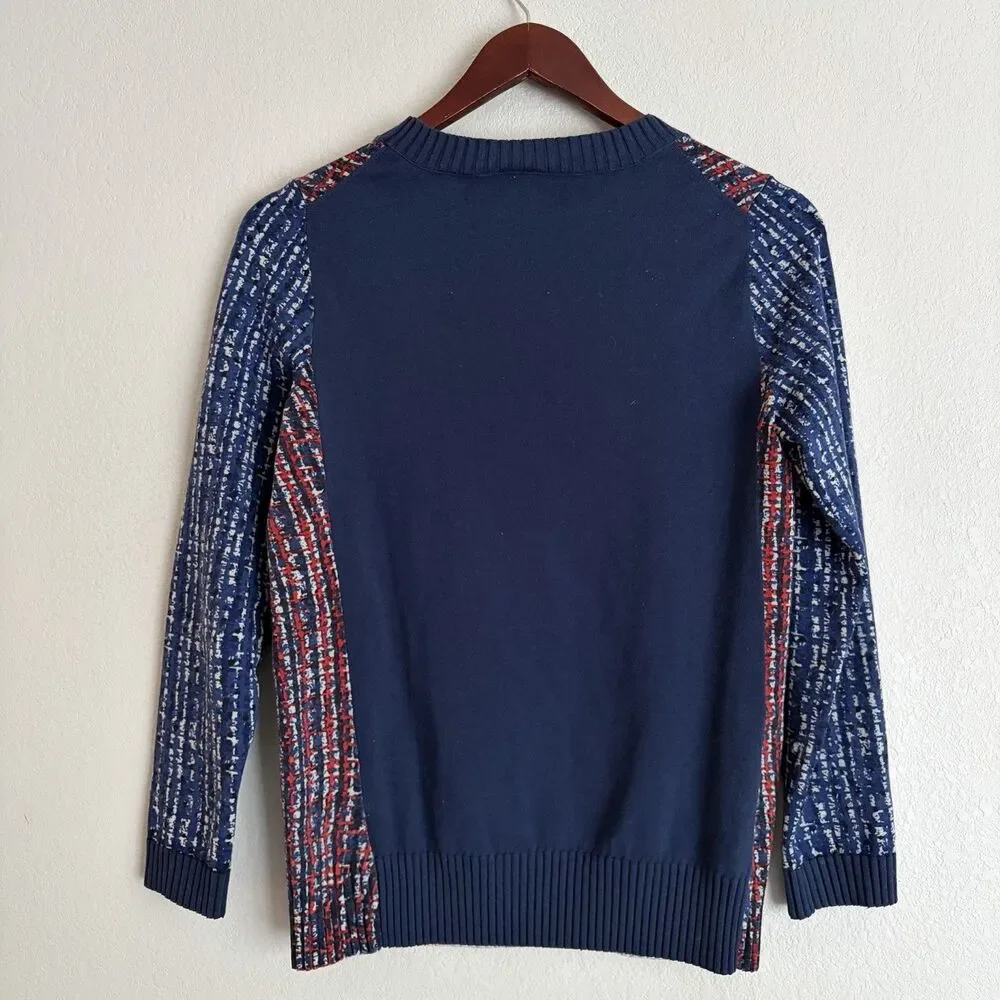 Tory Burch Hutton Wool Crewneck Sweater Tweed Print Speckle Size S Navy Blue Red